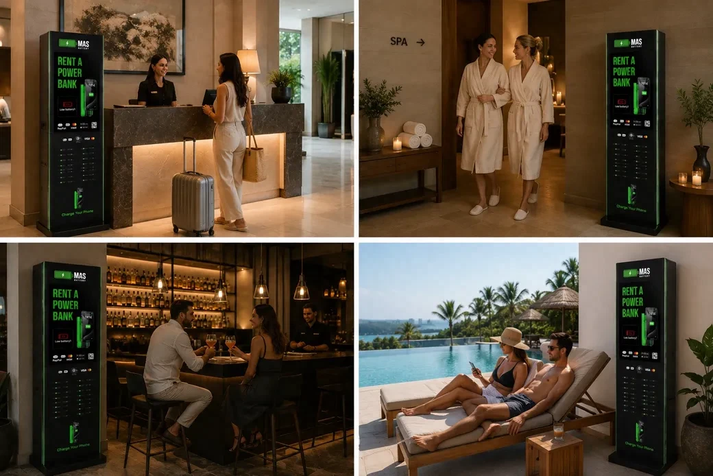 Un home apropa el mòbil per llogar un carregador portàtil en un quiosc alt de MAS Battery dins d'un vestíbul d'hotel de luxe, lluminós i modern, o d'un lounge de resort al costat d'una piscina.