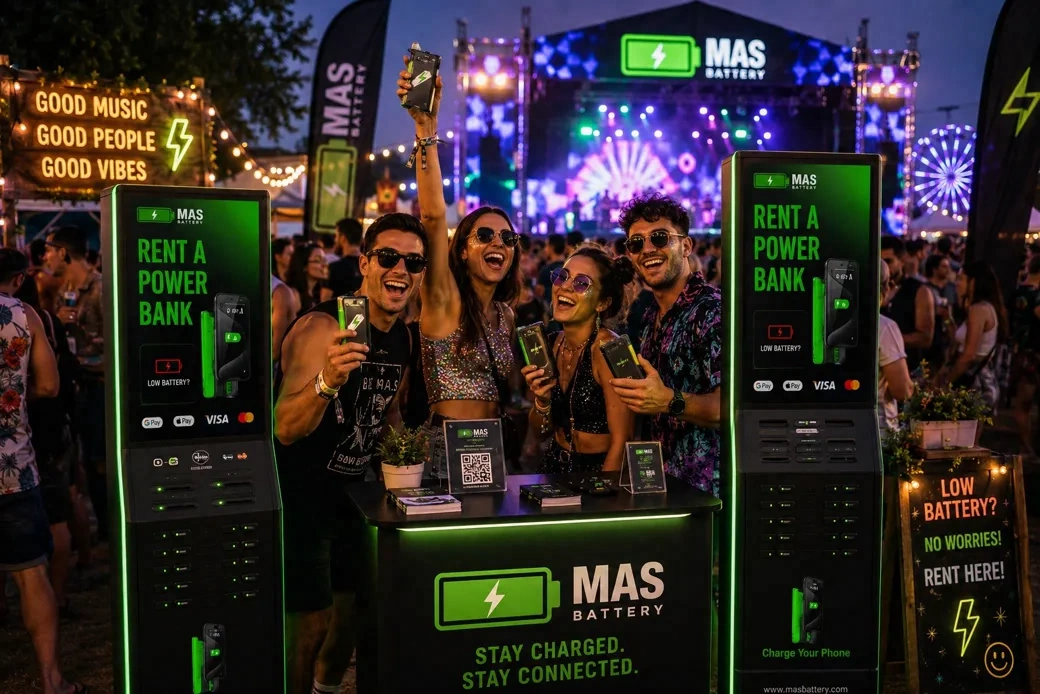 Tres quioscos alts de lloguer MAS Battery en fila en un festival de música animat de nit, amb informació de l'esdeveniment, promocions de marxandatge i bateries disponibles per llogar a les seves pantalles brillants.