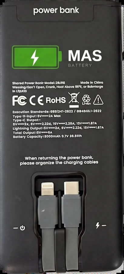 Part posterior del power bank MasBattery amb els dos cables integrats, Lightning i USB‑C