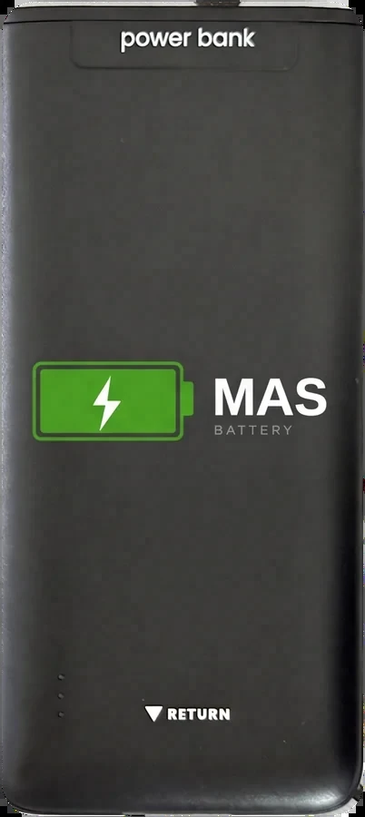 Part frontal del power bank MasBattery amb el logotip i el botó de retorn