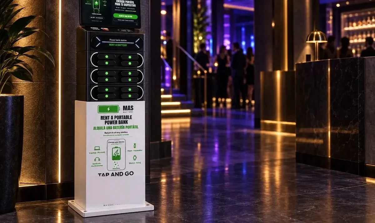 Client d'un bar apropa el mòbil per llogar un power bank a una estació MasBattery sobre la barra