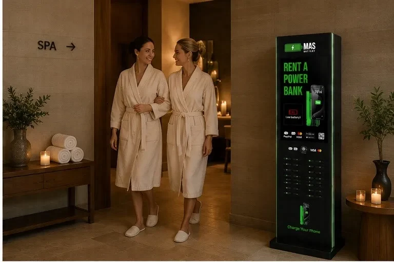 Estació MasBattery de lloguer de power banks al costat de la recepció d'un hotel