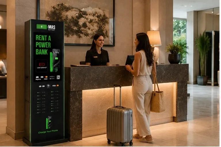A MasBattery tower station in a hotel lobby