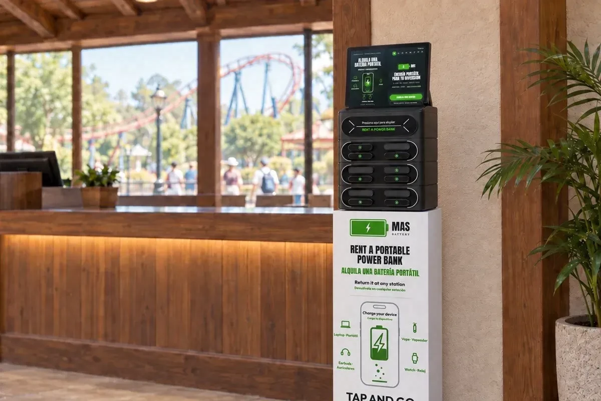Visitant d'un parc temàtic apropa el mòbil per llogar un power bank a una estació MasBattery