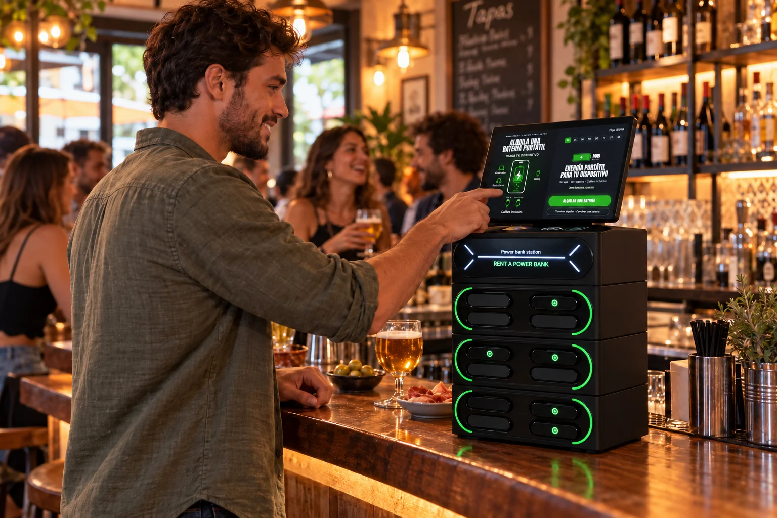 Bar customer uses a MasBattery station on the counter