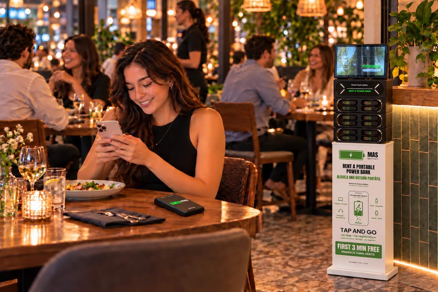 Una clienta de restaurante con una power bank MasBattery y una estación cerca