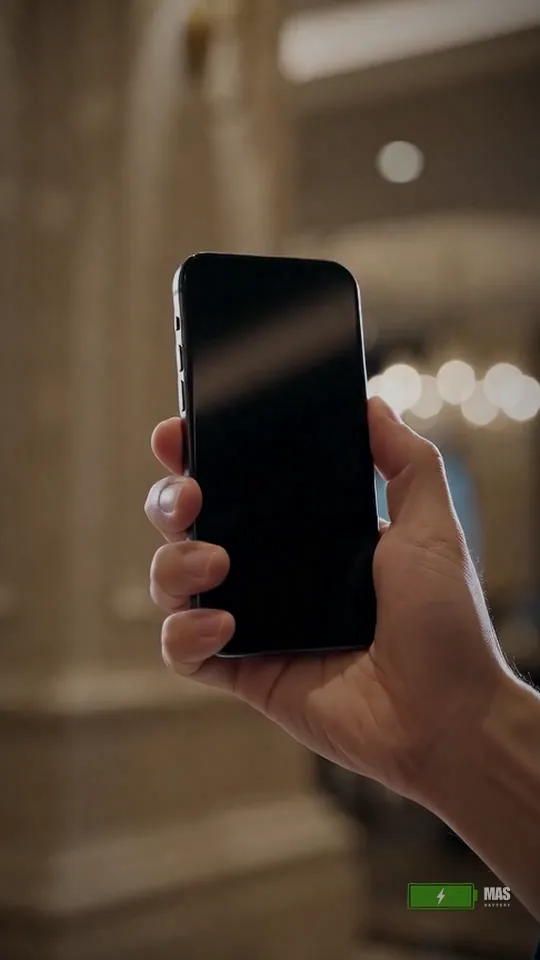 A hand holding a phone with a dead screen in a hotel lobby